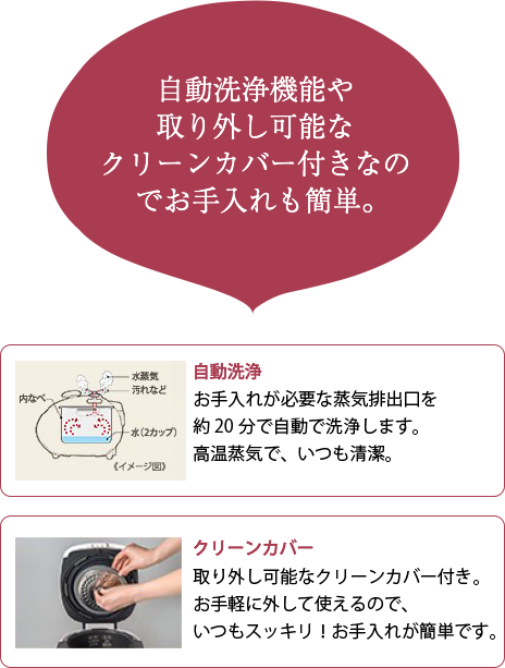 自動洗浄機能や
取り外し可能なクリーンカバー付きなのでお手入れも簡単。